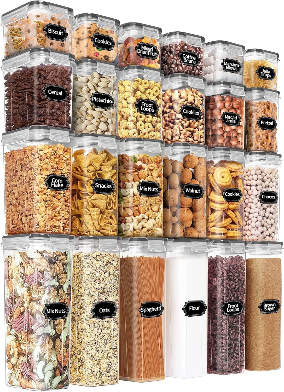 PRAKI Airtight Food Storage Containers Set with Lids - 24 PCS, BPA Free Kitchen and Pantry Organization, Plastic Leak-proof Canisters for Cereal Flour  Sugar - Labels  Marker(Grey0