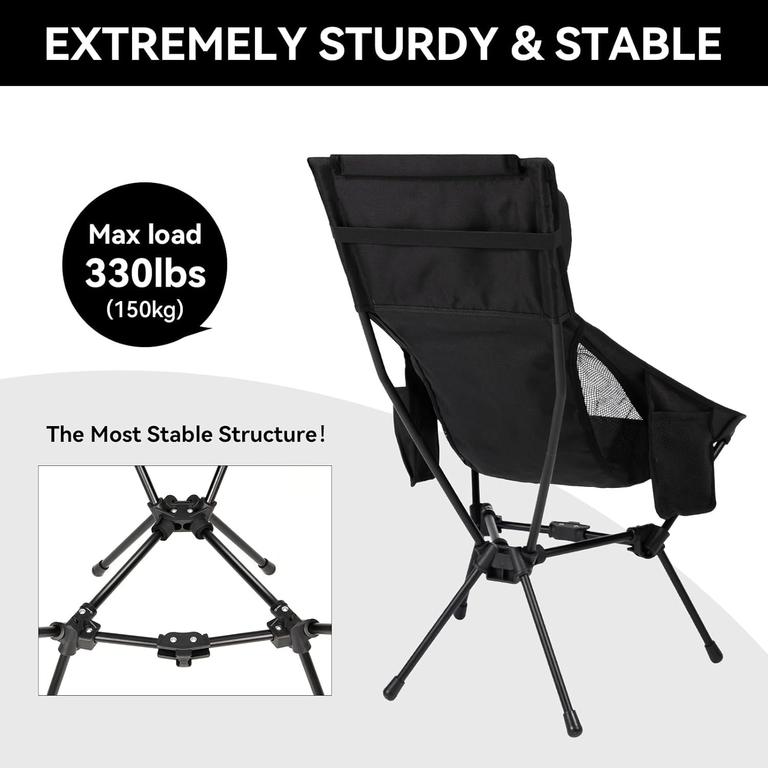 TOBTOS High Back Camping Chair, Lightweight Camping Chair with Headrest, Stable Portable Folding Chair for Outdoor Camp, Hiking, Backpacking(Black)