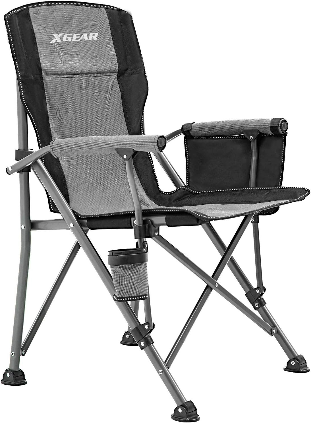 XGEAR Camping Chair with Padded Hard Armrest, Sturdy Folding Camp Chair with Cup Holder, Storage Pockets Carry Bag Included, Support to 300 lbs(Grey)