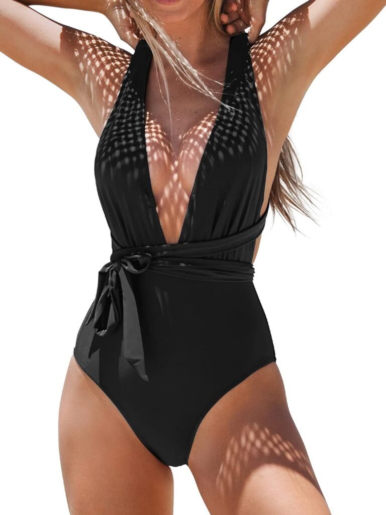 CUPSHE Womens One Piece Swimsuit Sexy Deep V Neck Bathing Suit Crisscross Back Self Tie