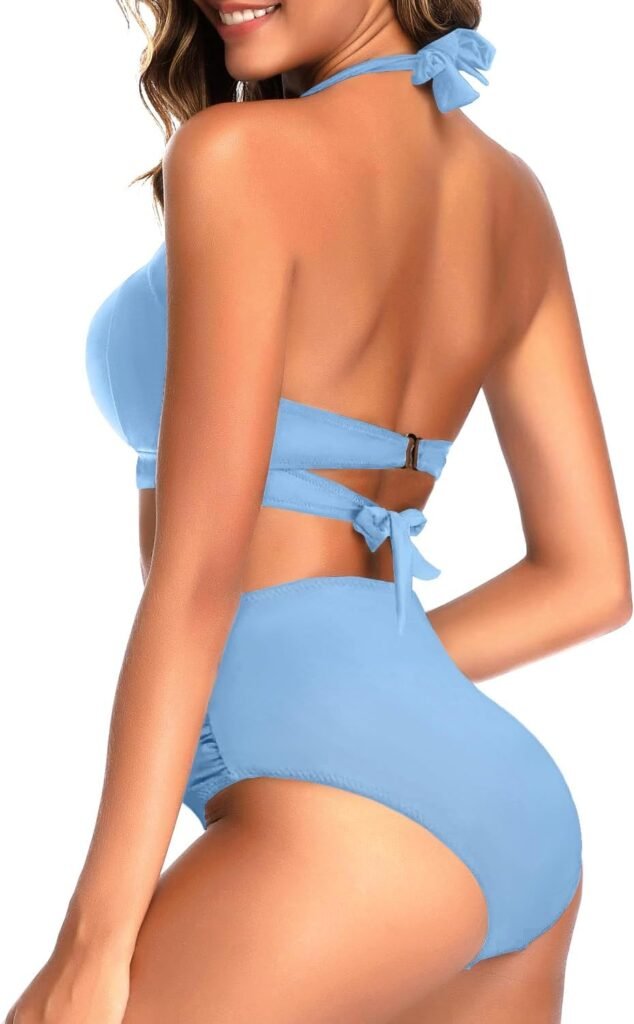Tempt Me Women Two Piece Vintage Swimsuit Retro Halter Ruched High Waist Bikini with Bottom