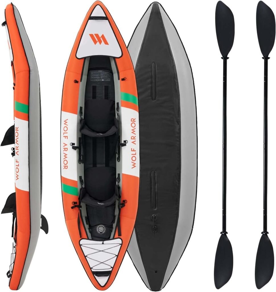 WOLF ARMOR Inflatable Recreational Touring Kayak with EVA Padded Seats, 2-3 Person Tandem Inflatable Kayak with All The Accessories, Lake, River, and Ocean Kayaks Boat for Fishing, Travel, and Adventure