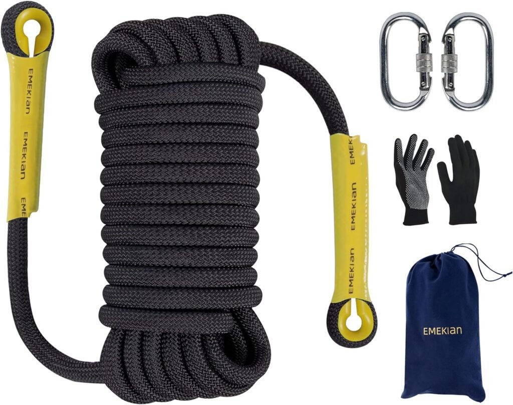 EMEKIAN 10mm/12mm/14mm Indoor Outdoor Climbing Rope, Static Rock Climbing Rope for Escape Rope, Ice Climbing Equipment, Fire Safety Rescue Rope, with Non-Slip Gloves