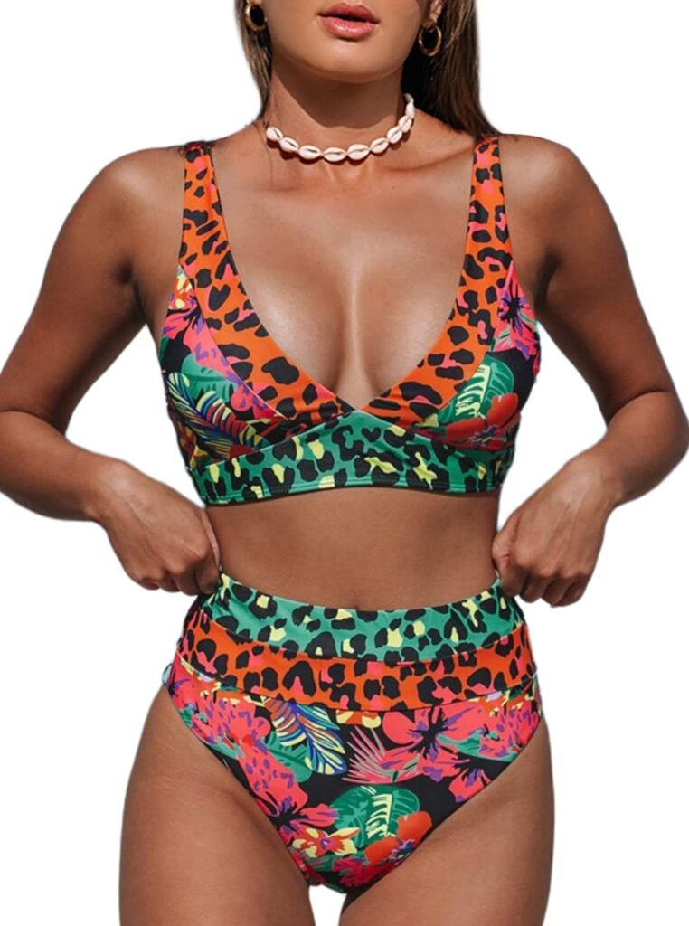 Hilinker Womens Leopard Bikini Swimsuits V Neck High Waisted 2 Piece Bathing Suits