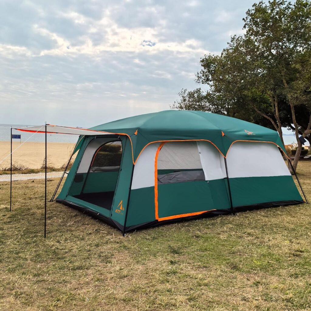 KTT Extra Large Tent 12 Person(Style-A),Family Cabin Tents,2 Rooms,Straight Wall,3 Doors and 3 Window with Mesh,Waterproof,Double Layer,Big Tent for Outdoor,Picnic,Camping,Family Gathering.