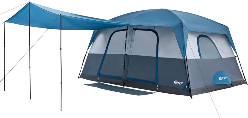 PORTAL 10 Person Camping Tent with Porch, Big Family Cabin Tent with 2 Rooms, 2 Doors, 2 Ground Vents, 6 Large Mesh Windows, Divided Curtain for Camping, Outdoor, Traveling, Water Resistant