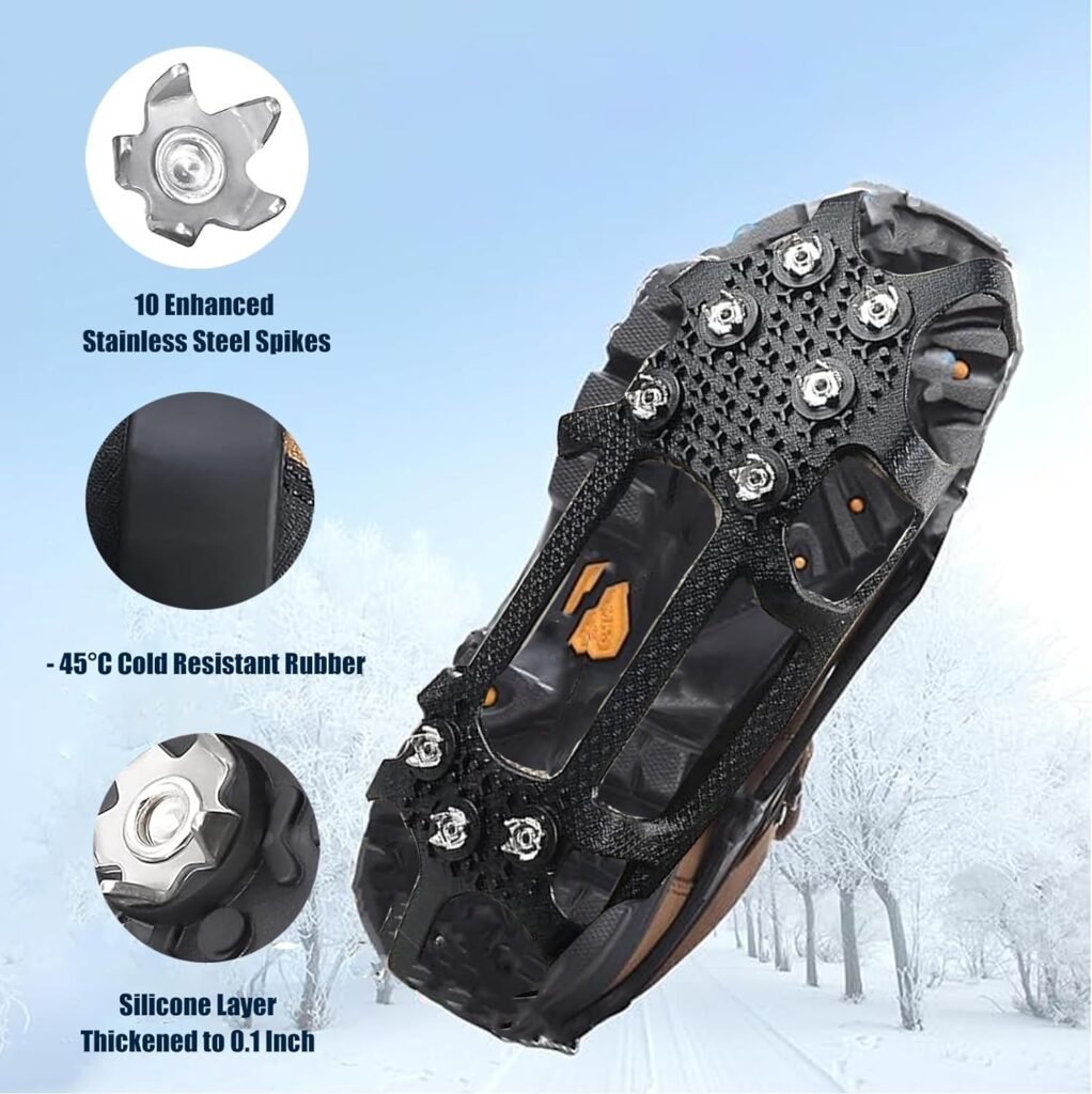1 Pair of Crampons for Hiking Boots, Ice Cleats for Shoes and Boots, 10 Spikes Crampons Ice Cleats Grips Non Slip Gripper Spike