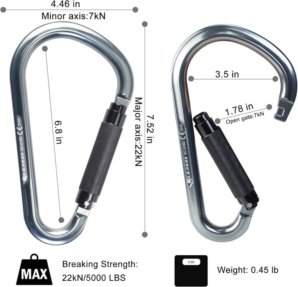 22kN/25kN Large Aluminum Auto Locking Ladder Hook, Professional CE Certified Heavy Duty Lightweight Carabiner for Outdoor Tower Climbing, Aerial Work, Rescue, D Ring Clip w/Huge Opening Gate