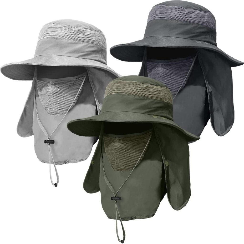 3 Pack Mens Outdoor Wide Brim Fishing Hat,UPF 50+ Sun Protection Cap with Face Neck Flap for Hiking  Garden