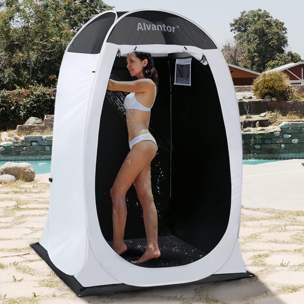 Alvantor Shower Tent Changing Room Outdoor Toilet Privacy Pop Up Camping Dressing Portable Shelter Teflon Coating Fabric 4’x4’x7 Patent Pending, White
