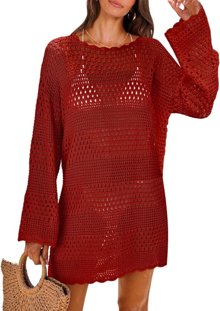 ANRABESS Women Swimsuit Crochet Swim Cover Up Summer Bathing Suit Swimwear Knit Pullover Beach Dress