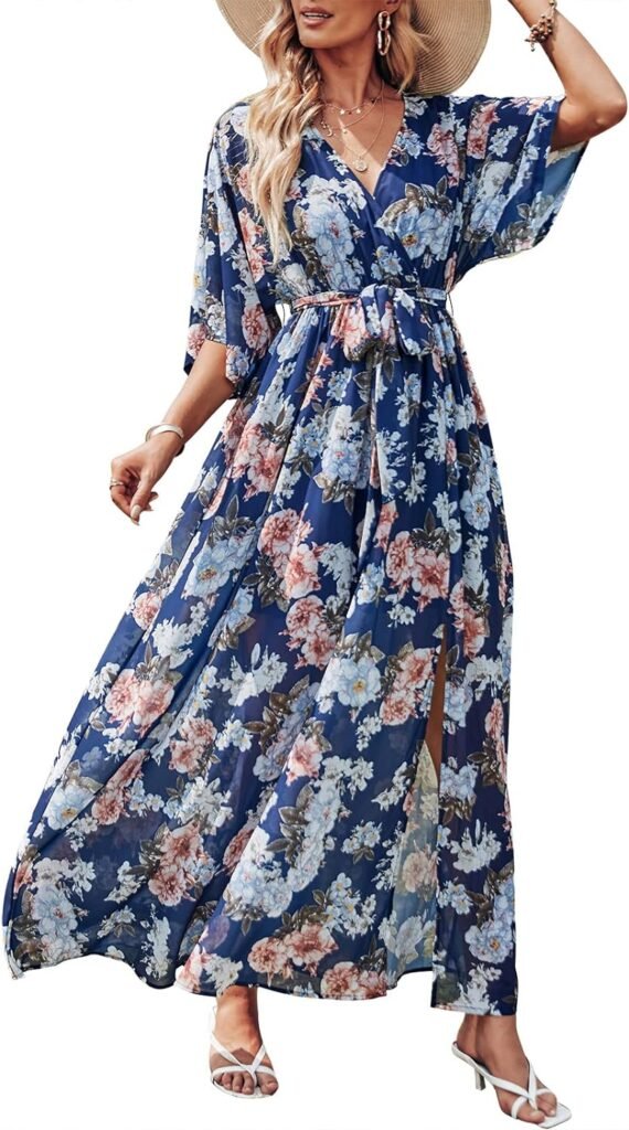 ANRABESS Women’s Summer Loose Kimono Maxi Dress Wrap V Neck 3/4 Sleeve Floral Print Slit Long Dresses