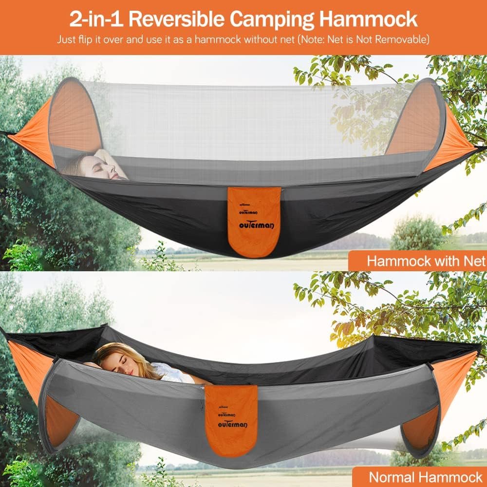 Camping Hammock with Mosquito Net, Portable Single Hammock with Tree Straps, Easy Setup, Lightweight Nylon Parachute Hammocks for Indoor, Outdoor, Backpacking, Travel, Patio, Hiking (Gray)