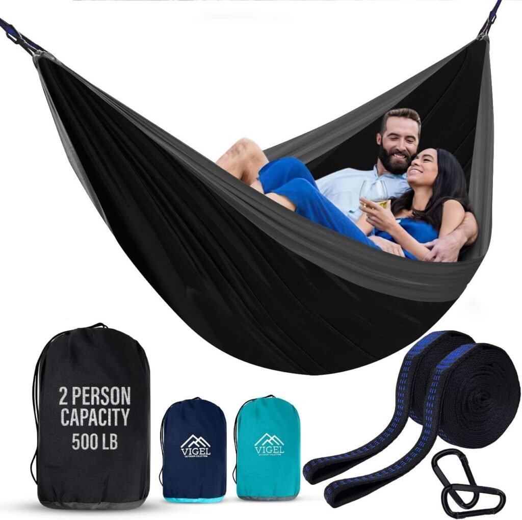 Camping Hammock - XL Double Hammock 500 Lb Capacity - Nylon Hammock - Durable Hammock - Portable Tree Hammock - Hammocks for Outside - Camping Accessories for Outdoor, Travel, Hiking