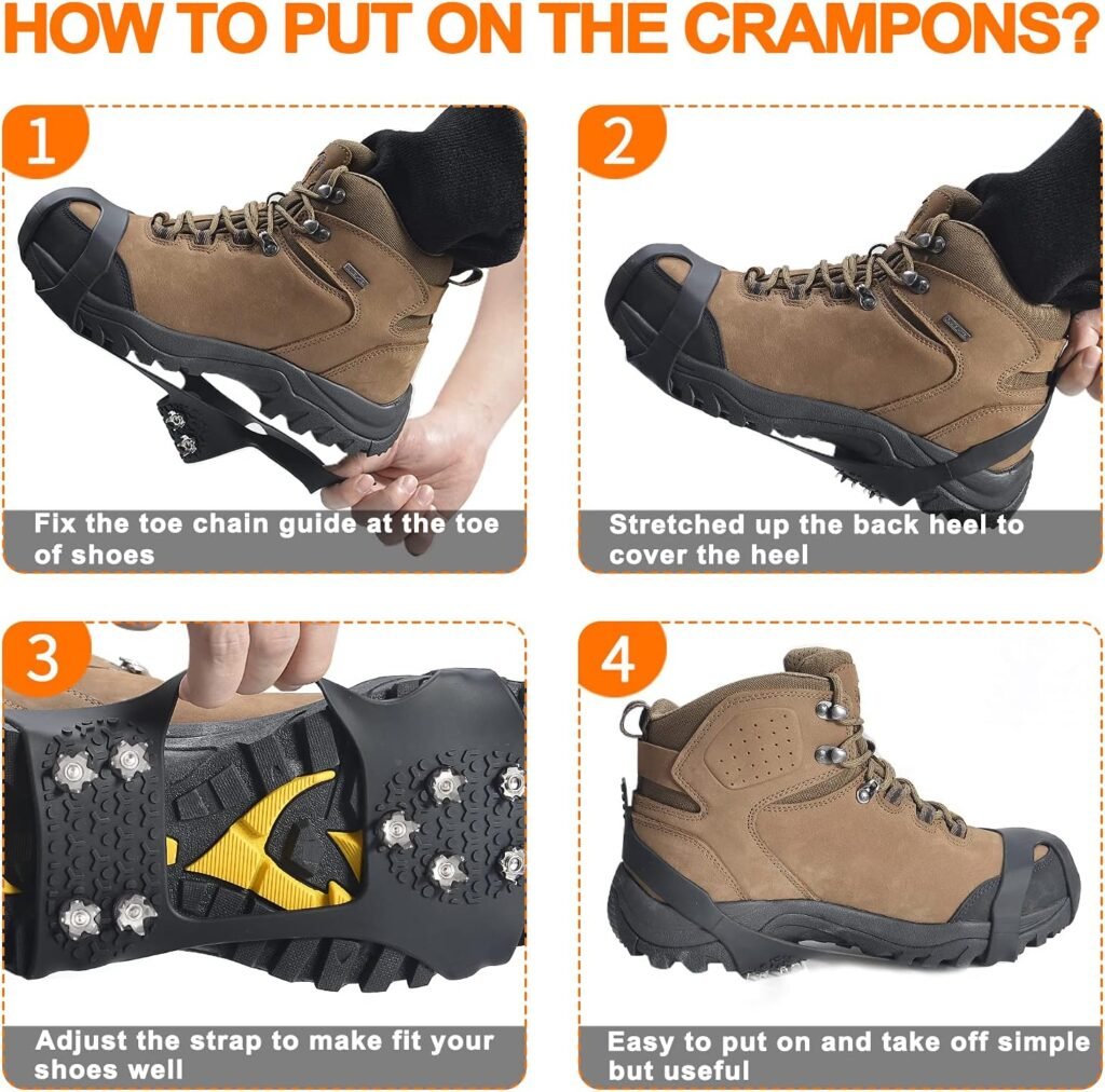 Crampons Ice Cleats Traction Snow Grips for Boots Shoes Stainless Steel Spikes Safe Silicone Protect for Hiking Fishing Walking Climbing Mountaineering Women Men