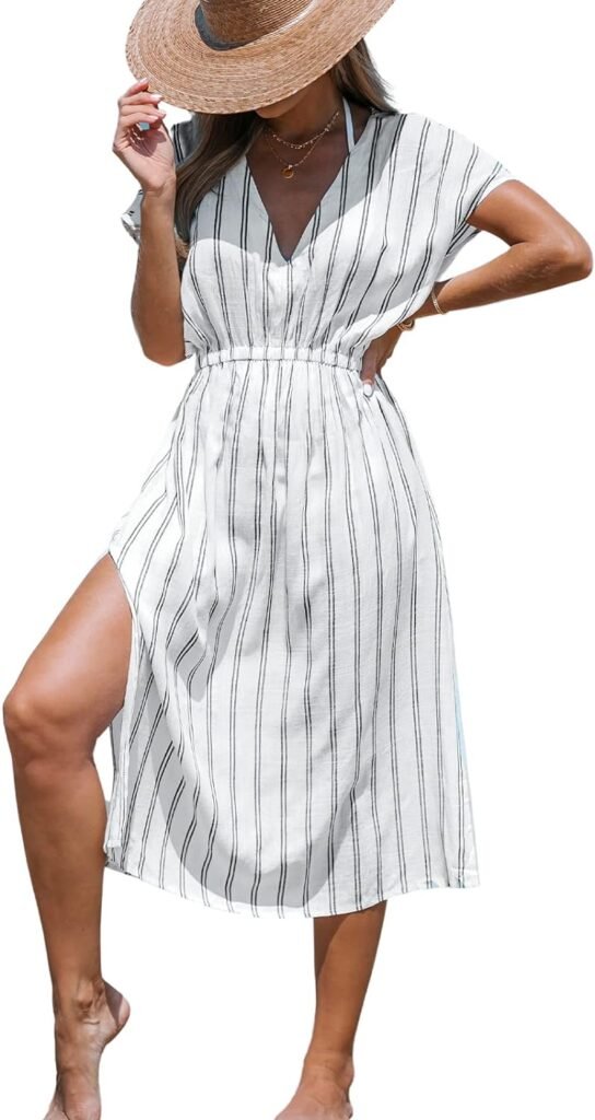 CUPSHE Womens Cover Up V Neck Midi Dress Short Sleeves Beachwear Casual Coverups Striped Summer 2024