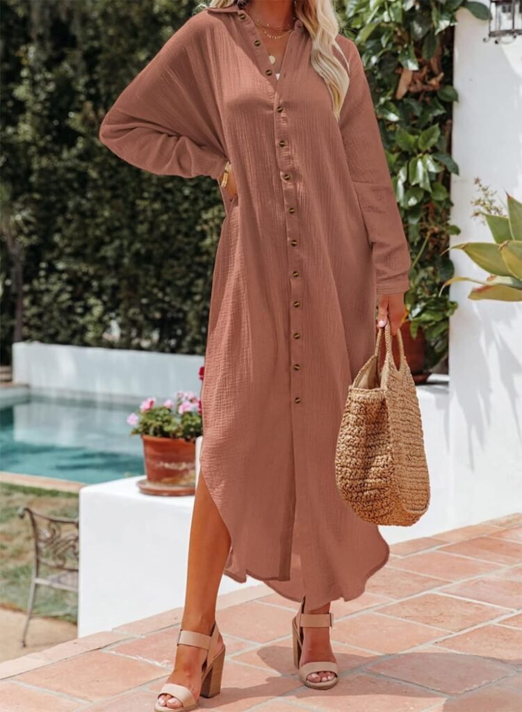 Dokotoo Women Elegant Casual Summer Spring Button Down Front Long Sleeve Maxi Dress Long Cardigan Cover Ups Shirt Dresses