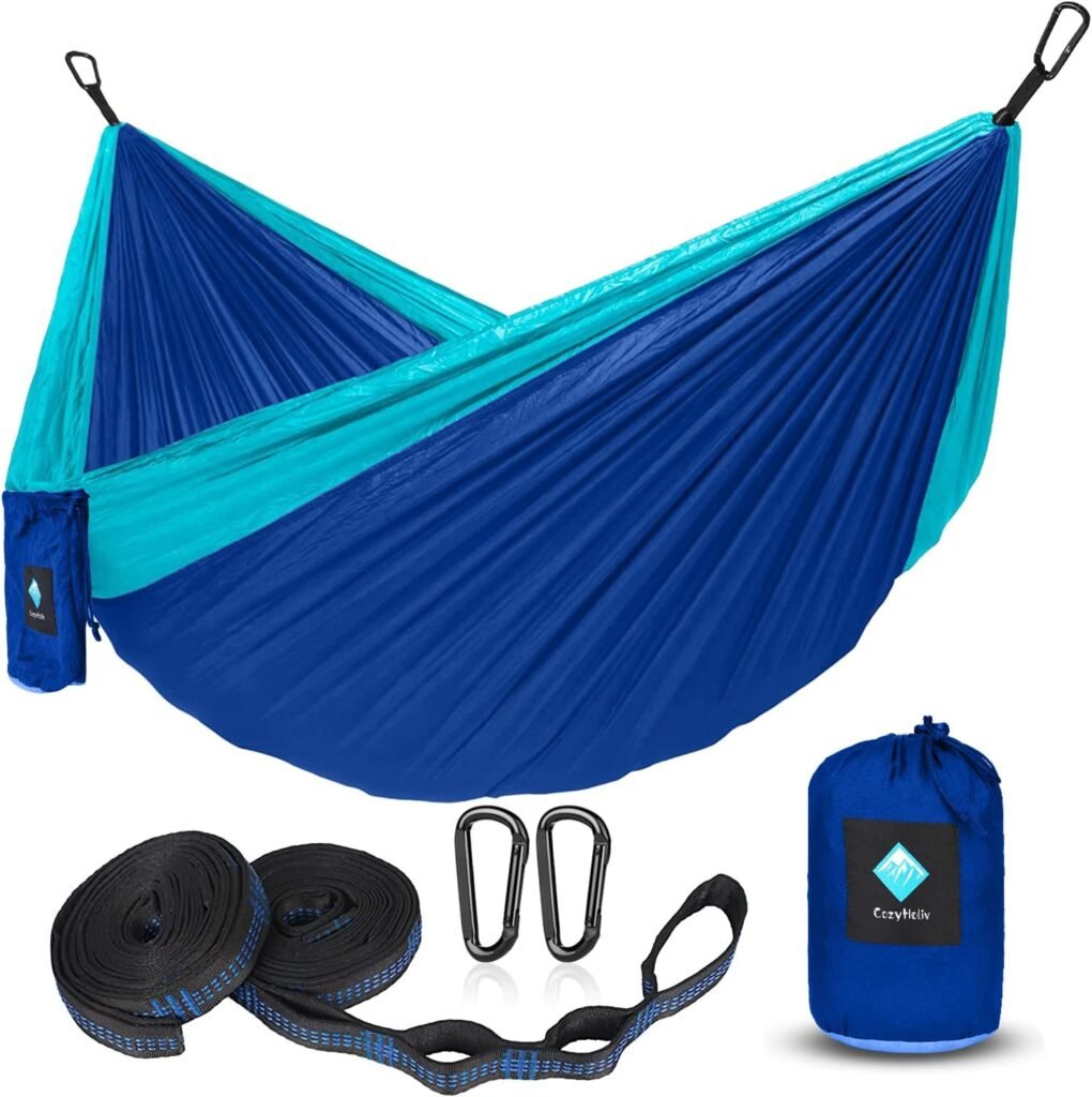 Double Hammocks for Camping, Portable Parachute Hammock for Outdoor Hiking Travel Backpacking - Hammocks Swing for Backyard  Garden 78W 118L (Blue/Sky Blue)