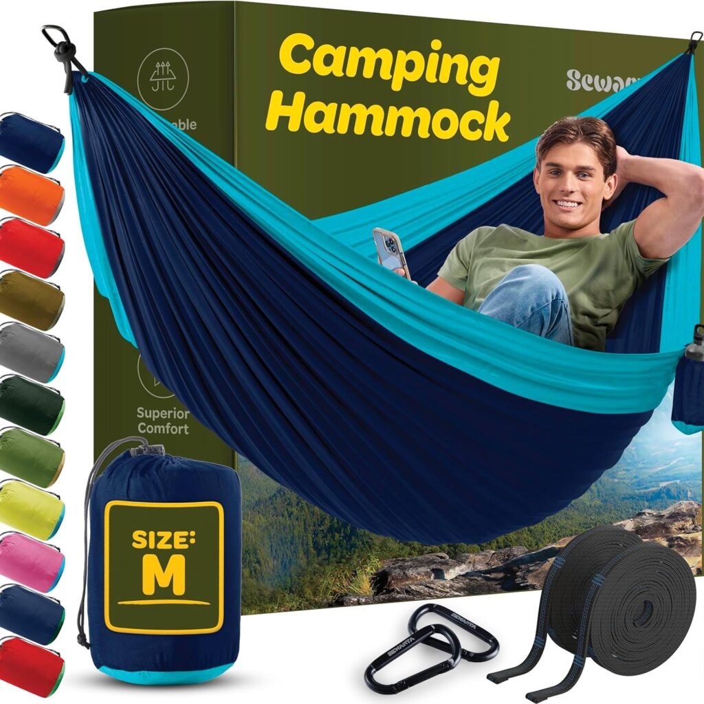 Durable Hammock 400 lb Capacity - Lightweight Nylon Camping Hammock Chair - Double or Single Sizes w/Tree Straps and Attached Carry Bag - Portable for Travel/Backpacking/ (Navy, Medium)