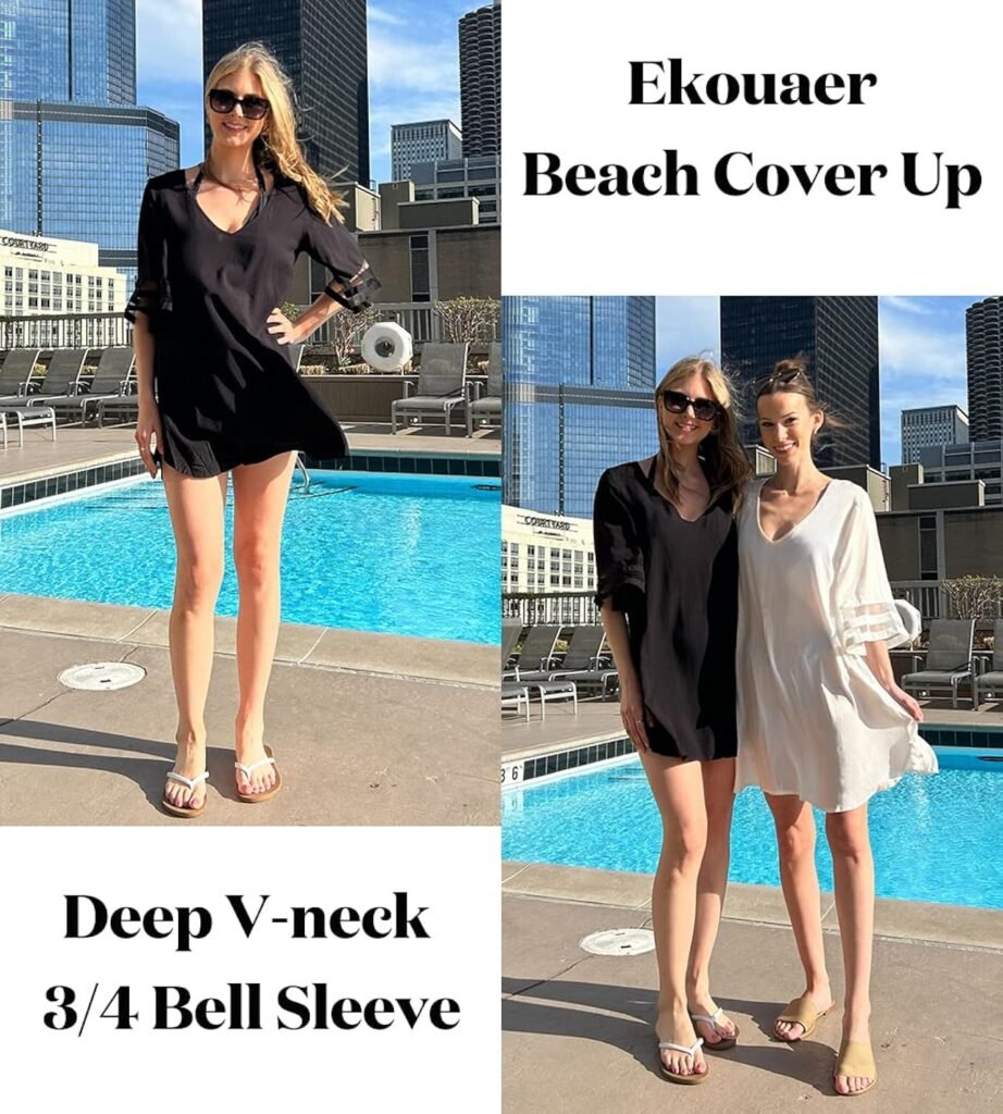 Ekouaer Womens Swimsuit Cover Up 3/4 Bell Sleeve Beachwear Coverups Deep V-Neck Bikini Beach Dress S-3XL