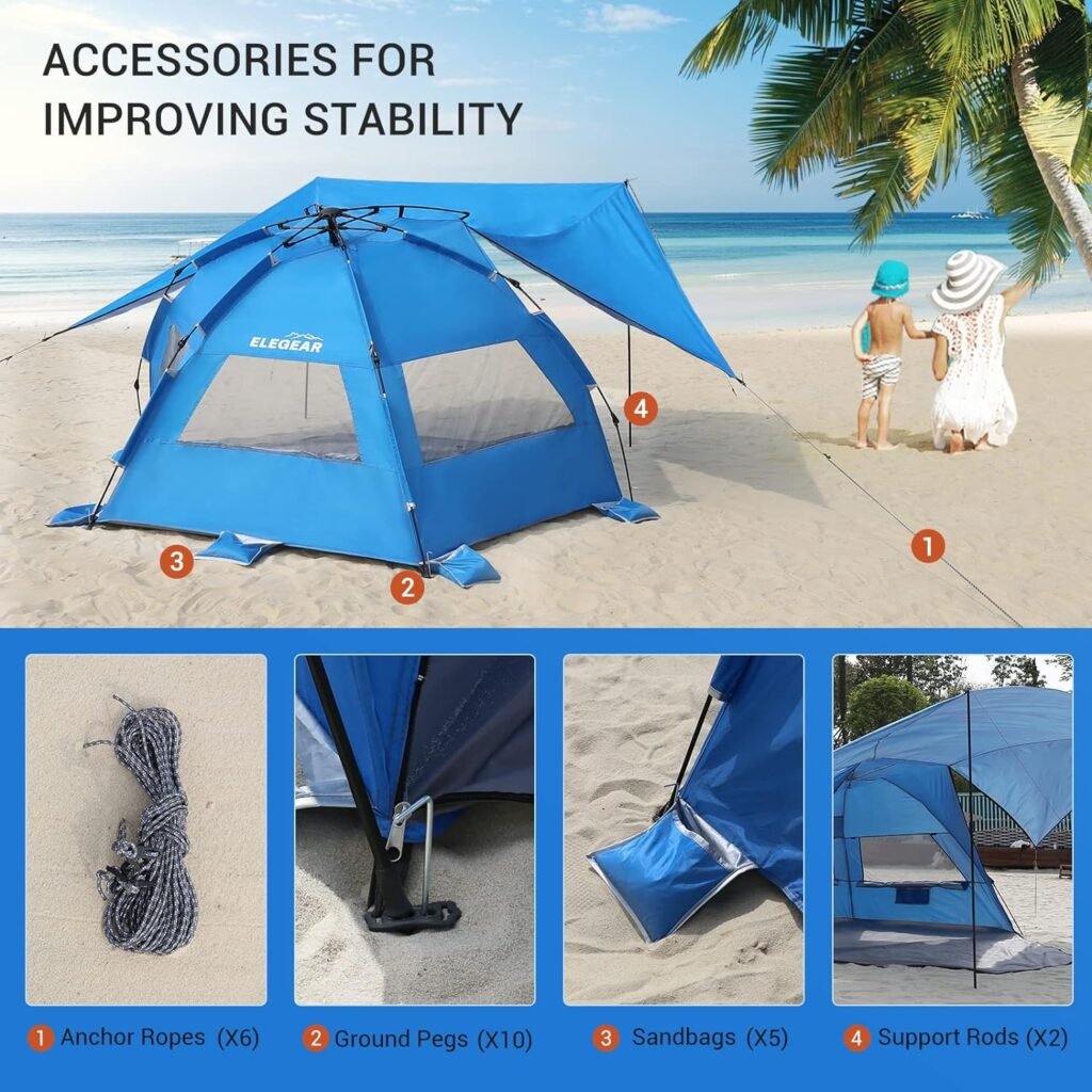 Elegear Beach Tent with 360° Removable Canopy, 4-6 Person Pop Up Sun Shade Shelter, UPF 50+ Automated Installation Double Silver Coating Portable Lightweight Beach Cabana for Beach/Camping/Outdoor