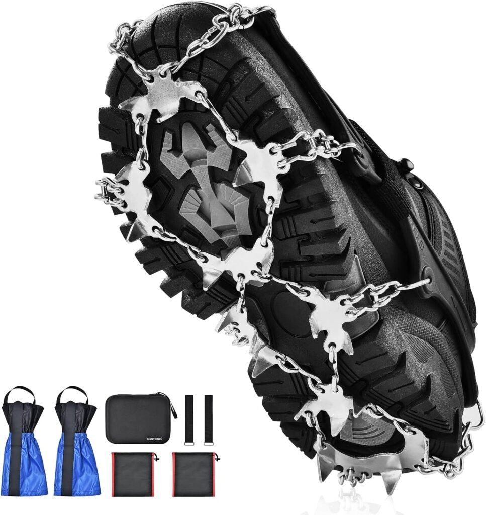 ELUTENG Crampons Ice Cleats for Shoes and Boots 24 Stainless Steel Spikes Safe Protect Snow Traction Grips Boots with Waterproof Snow Gaiters for Hiking Climbing Mountaineering Fishing Walking