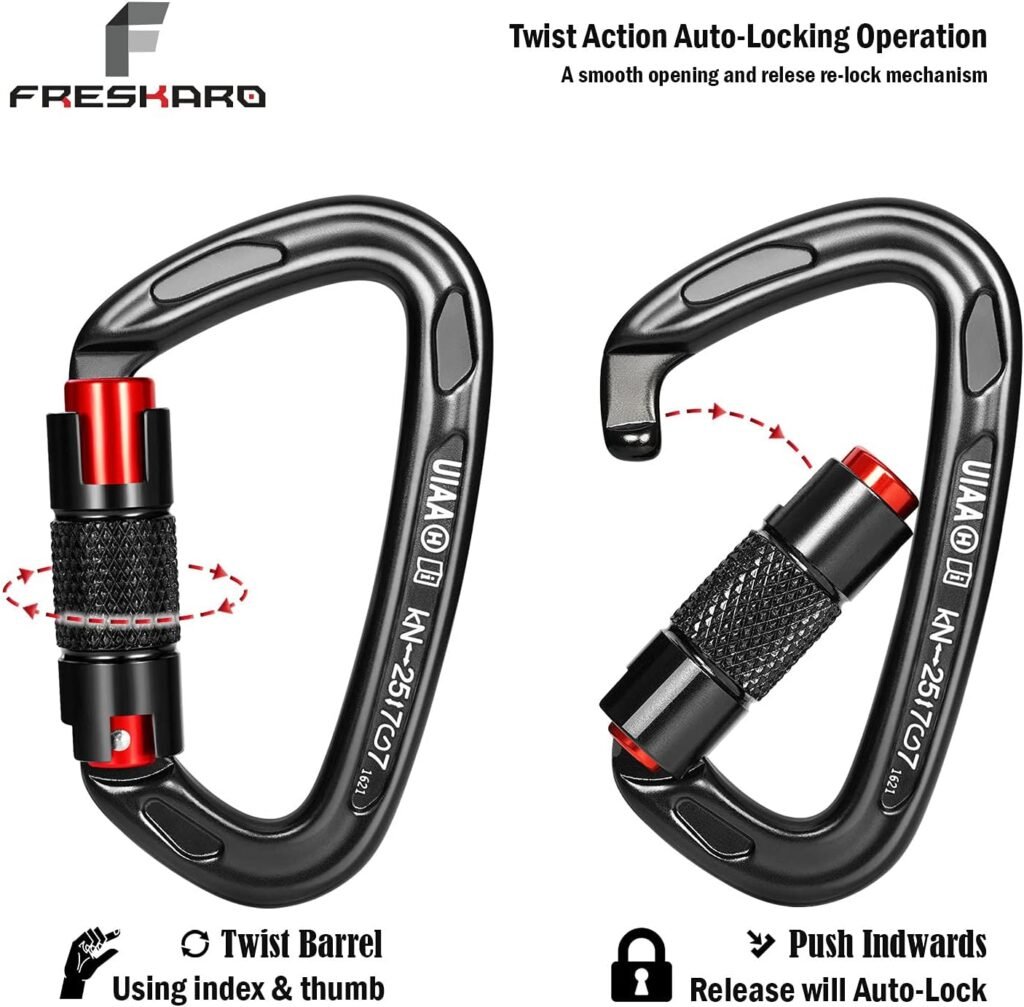 FresKaro UIAA Certified 25KN Auto Locking Climbing Carabiner Clips, Twist Lock, and Heavy Duty Carabiners for Rock Climbing, Rappelling, and Mountaineering, D Shaped 3.93 Inch, Large Size, Black