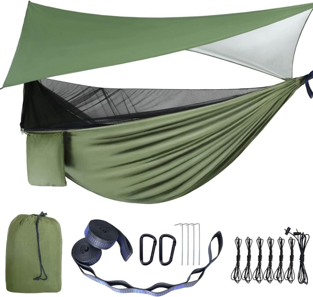 gymolo Camping Hammock - Hammocks with Mosquito Net Tent and Rain Fly Tarp, Portable Single  Double Nylon Parachute Hammock with Heavy Duty Tree Strap, Indoor Outdoor Backpacking Survival Travel