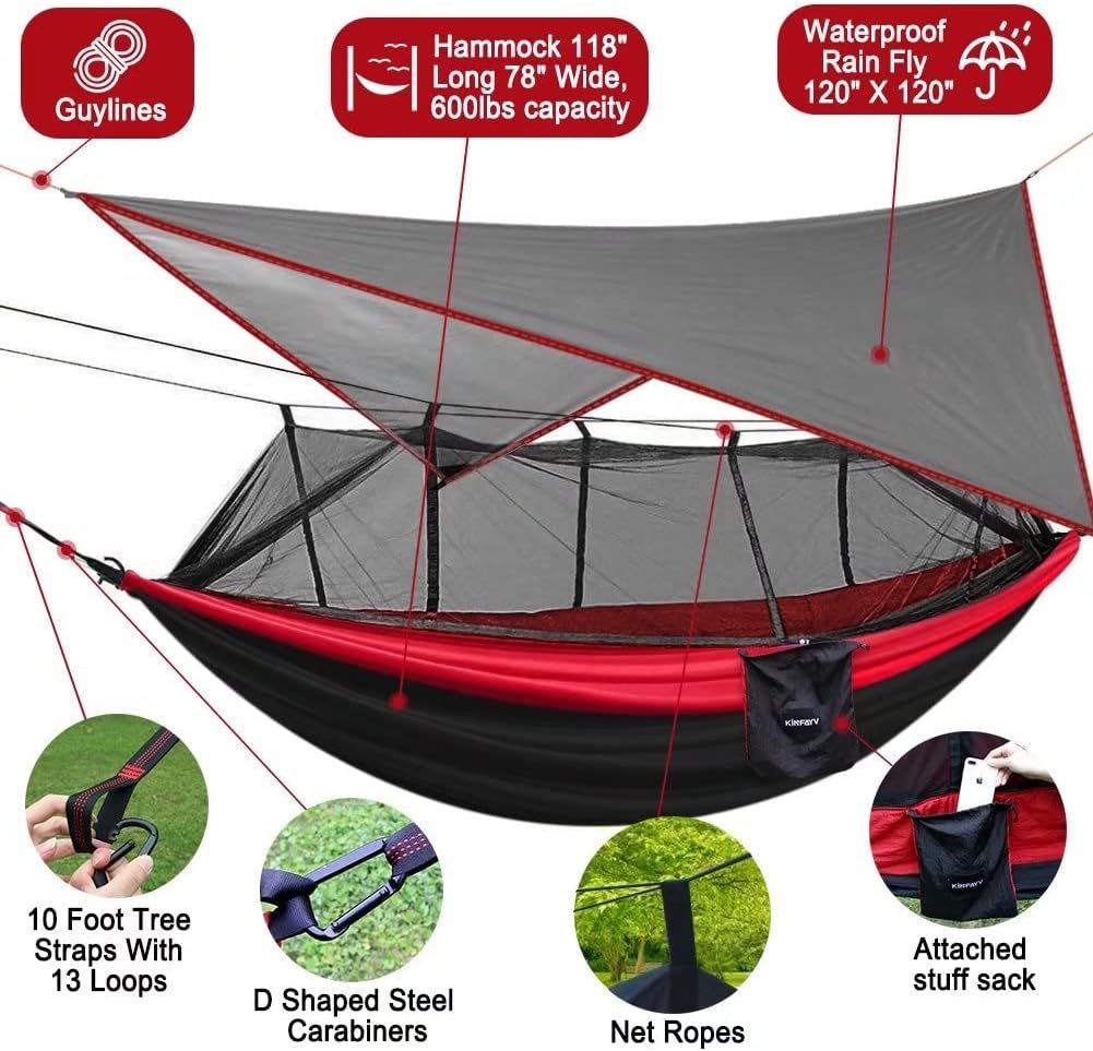 Hammock with Net and Rain Fly - Portable Double Hammock with Bug Net and Tent Tarp Heavy Duty Tree Strap for Travel Camping Backpacking Hiking Outdoor Activities,Red