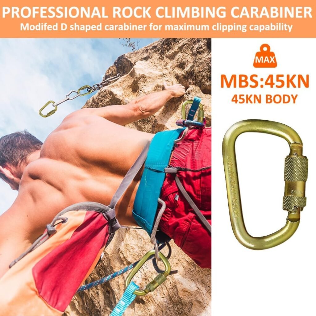 Heavy Duty Alloy Steel Auto-Locking Climbing Carabiner - 45KN Twist Lock Carabiner for Rock and Tree Climbing, Quick Release, Rescue, and Mountaineering. ANAB Certified, 4.21-inch, Large, Gold