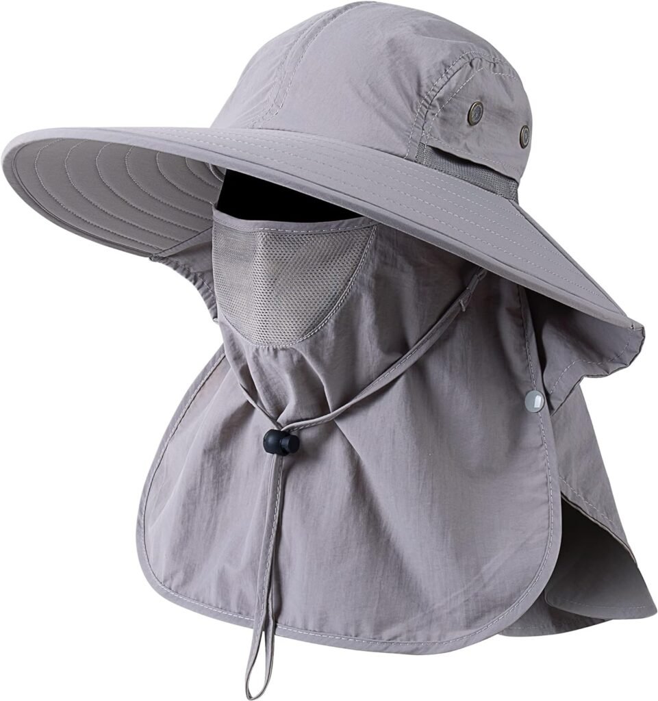 Mens Women Fishing Hat UPF 50+ Wide Brim Sun Hat with Face Cover  Neck Flap