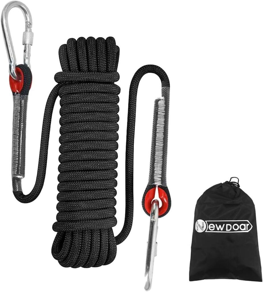 NewDoar Climbing Rope 8(5/16in),10mm (3/8in), High Strength Accessory Cord Rope with 2 Steel Hooks, for Outdoor Rescue Rappelling Rope Down Cliffs ledges Safety Escape Tow Strap Equipment(Black)