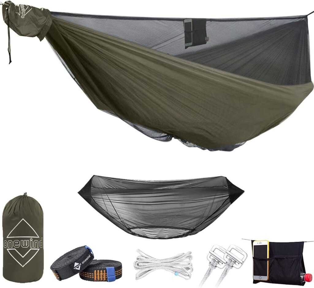 onewind 11Ft Camping Hammock with Mosquito Net Adjustable Ridgeline Double Hammock Portable Lightweight Hammock Ripstop Nylon Sturdy and Durable with 2*12Ft Tree Straps for Camping Hiking Backpacking