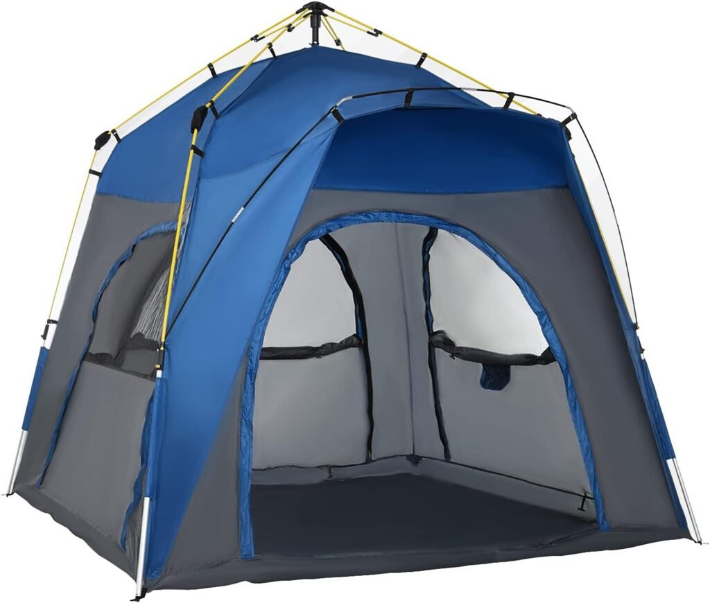 Outsunny Camping Tents 4 Person Pop Up Tent Quick Setup Automatic Hydraulic Family Travel Tent w/Windows, Doors Carry Bag Included