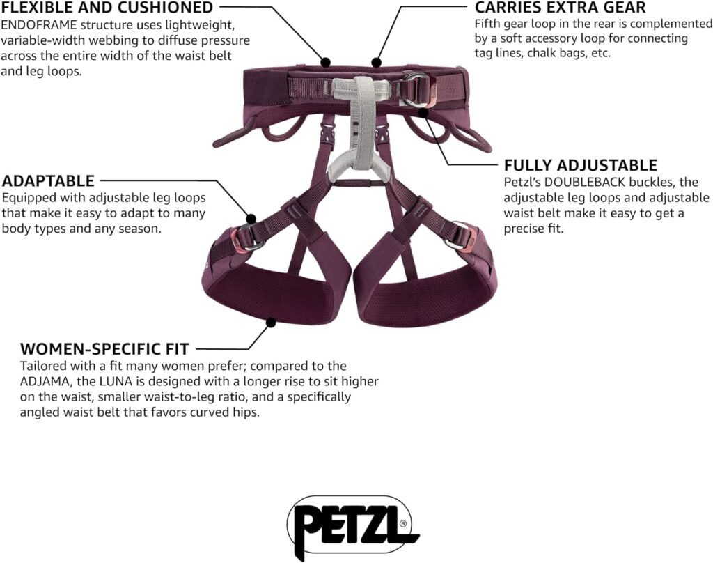 PETZL Luna Womens Harness - Adjustable Rock and Ice Climbing Harness for Single and Multi-Pitch Climbs - Violet