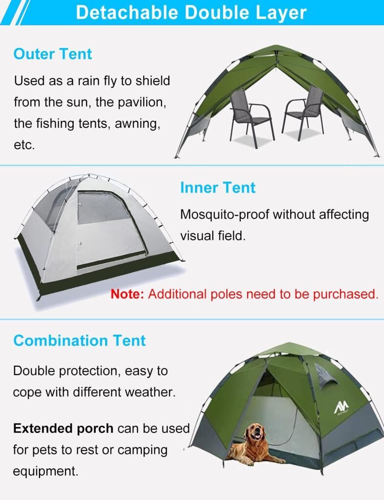 Pop Up Tents for Camping 3-4 Person Automatic Setup - AYAMAYA [2 in 1 Design] Double Layer Waterproof Instant Popup Tent - [2 Doors] Quick Easy Set Up Family Tent Shelter Outdoor Gifts