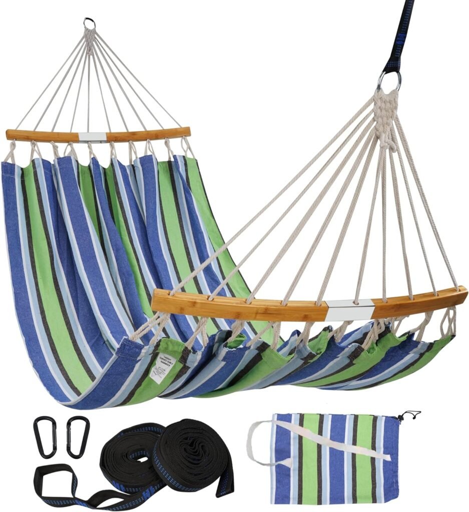 Portable Patio Double Hammock with Travel Bag, 2 Person Outdoor Hammock with Foldable and Curved Spreader Bar, D Rings and Tree Straps for Camping, Picnic, Backyard, Green Blue