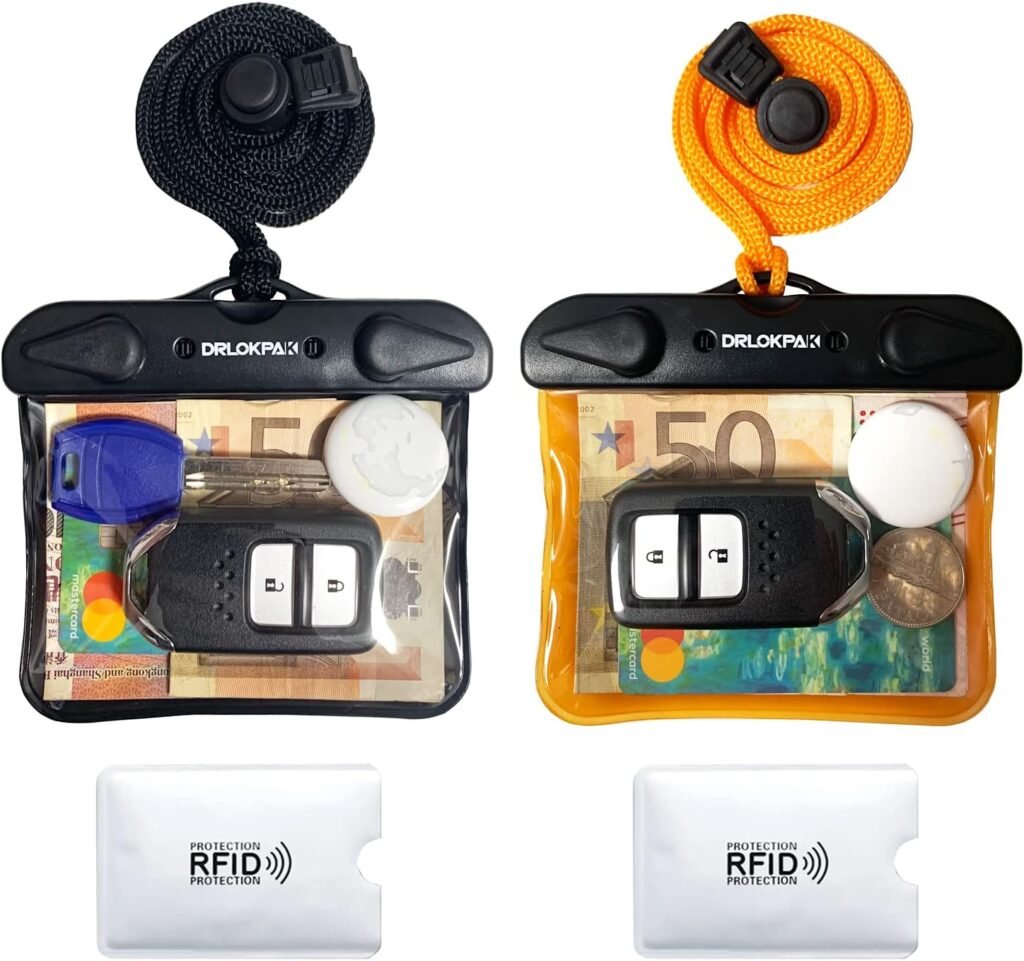 Submersible Waterproof Wallet Surf Dry Car Key FOB Case Bag 2Pack Waterproof Pouch Holder For Key Credit Door Ship Card Cash ID Driver Fishing Hunting License（Black＋Orange）