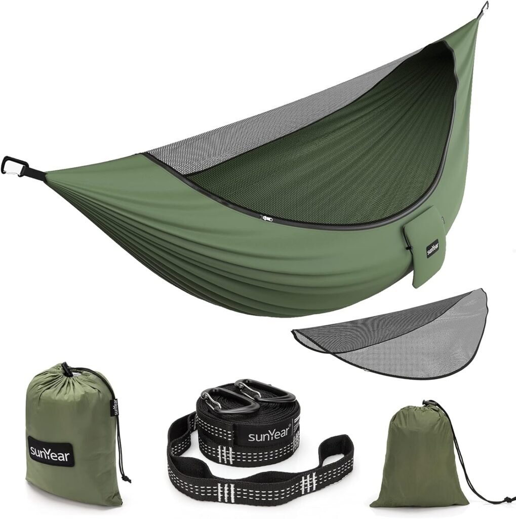 Sunyear Camping Hammock with Removable No See-Um Net, Double  Single Portable Outdoor Hammocks Parachute Lightweight Nylon with Tree Straps for Adventures Hiking Backpacking