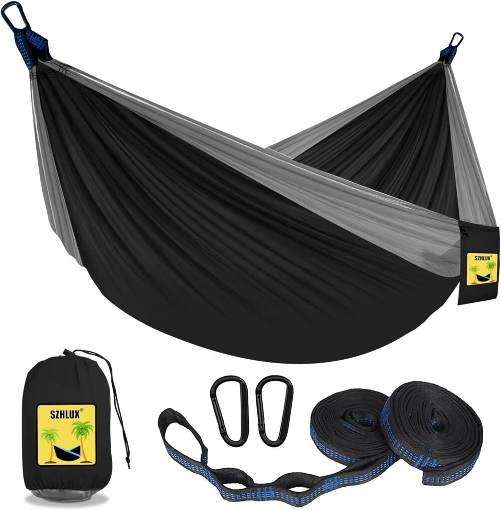 SZHLUX Camping Hammock Double Portable Hammocks Camping Accessories and Camping Gear, Great for Hiking,Outdoor,Beach,Camping, Black  Grey, Large