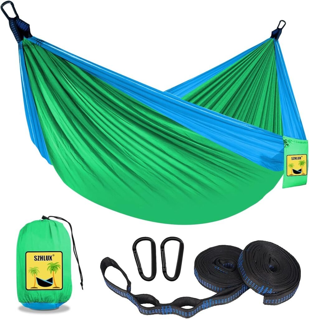 SZHLUX Kids Hammock - Kids Camping Gear, Camping Accessories with 2 Tree Straps and Carabiners for Indoor/Outdoor Use, Sapphire Blue  Grass Green