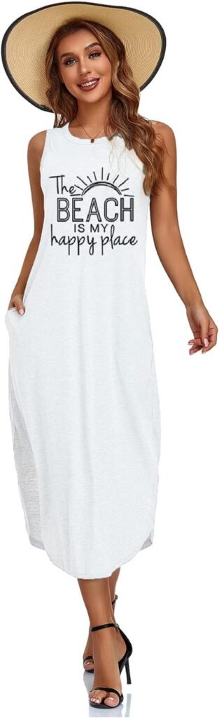 Womens Casual Beach Summer Dresses Sleeveless Graphic Long Sundress Cover Up Dresses with Pocket