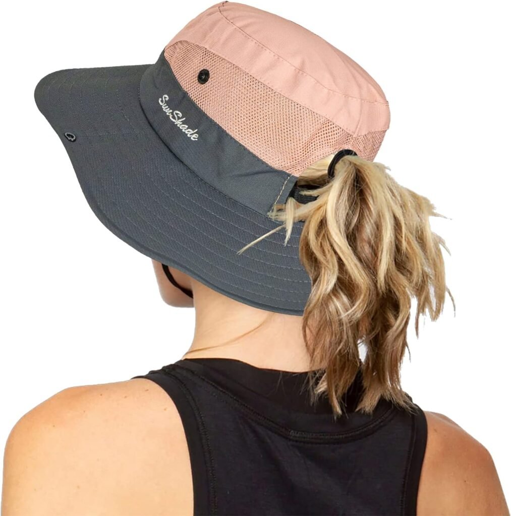 Womens Outdoor UV-Protection-Foldable Sun-Hats Mesh Wide-Brim Beach Fishing Hat with Ponytail-Hole