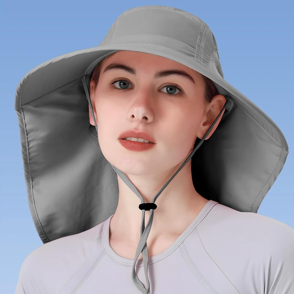 Womens Sun Hat UV Protection, Foldable Waterproof Wide Brim Bucket Hats with Neck Flap for Summer Beach Fishing Hiking