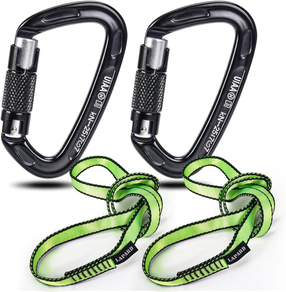 Climbing Carabiner and Nylon Rope Set - 2 carabiners (CE Certified, 25kN, twistlock, Quick Release and Heavy Duty) and 2 Nylon Ropes (EN 566 Certified, 23 kN, Suitable for Climbing, Abseiling)…