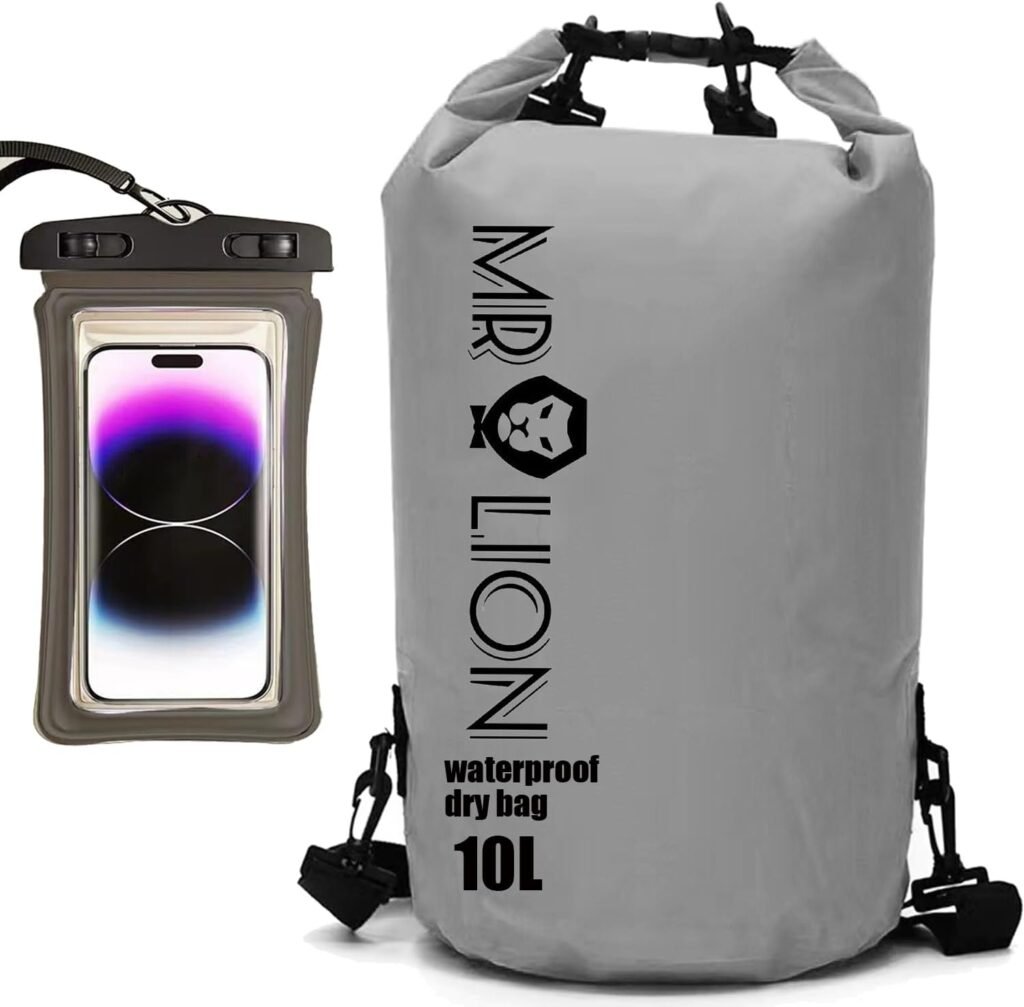 Waterproof Dry Bag - Roll Top Waterproof Backpack Sack Keeps Gear Dry for Kayaking, Beach, Rafting, Boating, Hiking, Camping and Fishing with Waterproof Phone Case (Gray 10L)