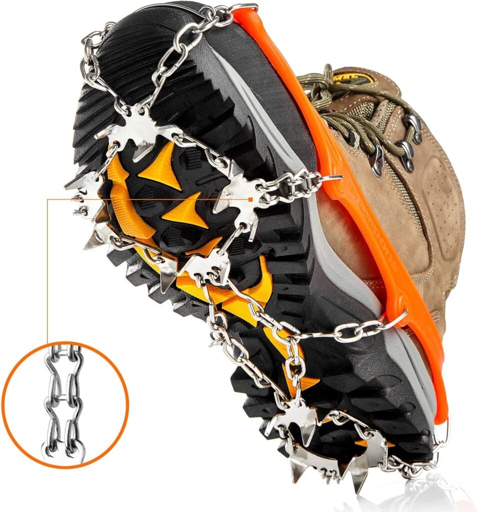 Crampons Ice Cleats Traction Snow Grips for Boots Shoes Women Men Kids Anti Slip 19 Stainless Steel Spikes Safe Protect for Hiking Fishing Walking Climbing Mountaineering