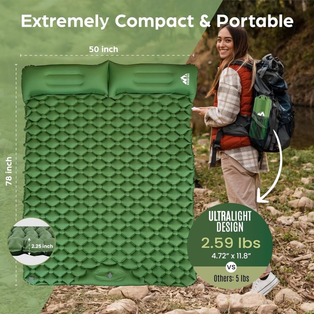 Double Sleeping Pad for Camping - Ultralight  Portable Self Inflating 2 Person, Built-in Pillows  Foot Pump, Lightweight  Compact for Hiking, Backpacking - Includes Carry Bag, Repair Kit