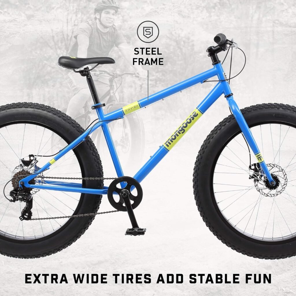 Mongoose Dolomite Fat Tire Mountain Bike, for Men and Women, 26 Inch Wheels, 4 Inch Wide Knobby Tires, 7-Speed, Adult Steel Frame, Front and Rear Brakes