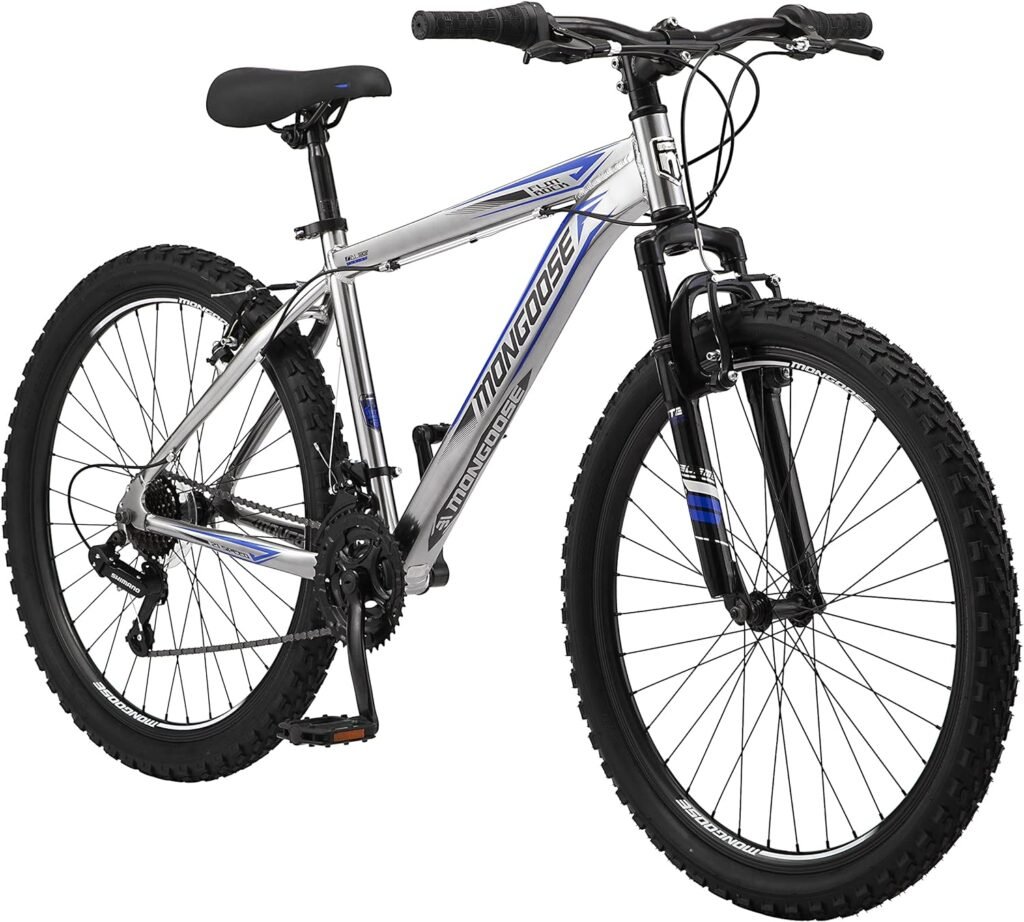 Mongoose Flatrock Hardtail Mountain Bike for Youth Adult Men Women, 21-Speed Twist Shifters, 24 to 29-Inch Wheels, 14.5 to 18-Inch Aluminum Frame Options